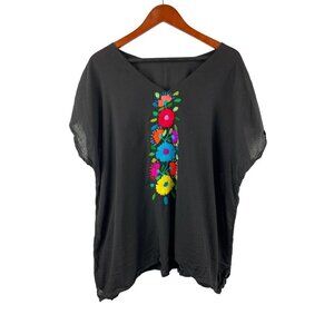 Black Short Sleeve Top With Colorful Floral Embroidery